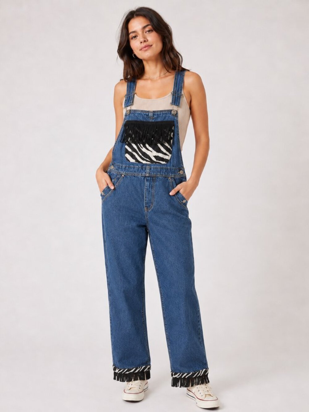 Old Navy Country HO’01 Blue Jean Denim Zebra Fringe Full Length Overalls Sz XS